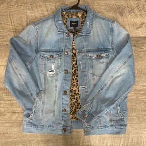 Light blue distressed Jean jacket with leopard print inside